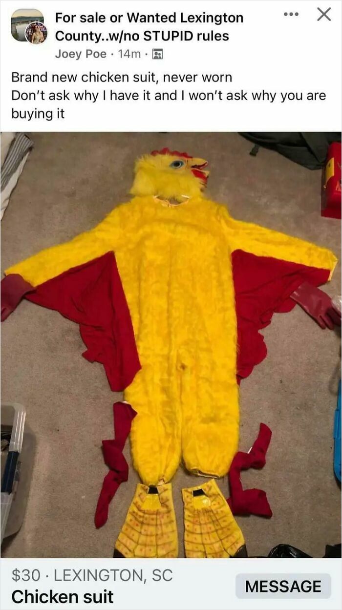 Yellow chicken suit laid out on carpet, listed for sale online among unhinged things people thought they could sell.