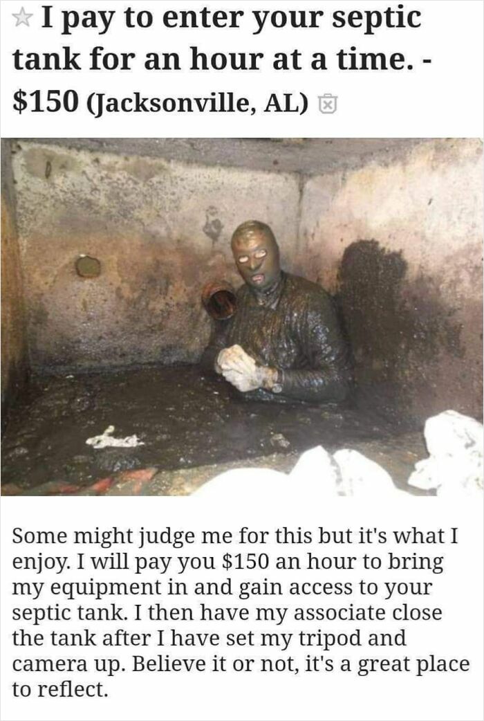 Person covered in muck sitting inside a septic tank, illustrating unhinged things people thought they could sell online.