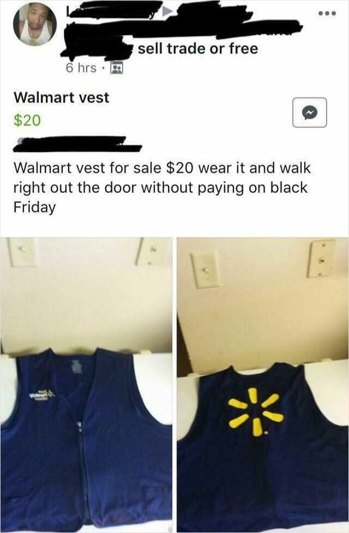 Person selling Walmart vest online claiming it can be used to walk out without paying on Black Friday, unhinged sale idea.