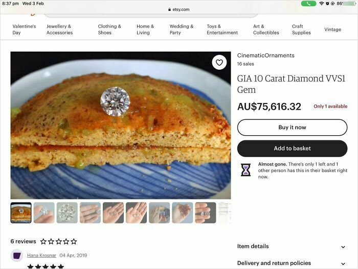 Close-up of a golden-brown baked item with a large diamond gem on top listed on an online marketplace for unhinged things to sell.
