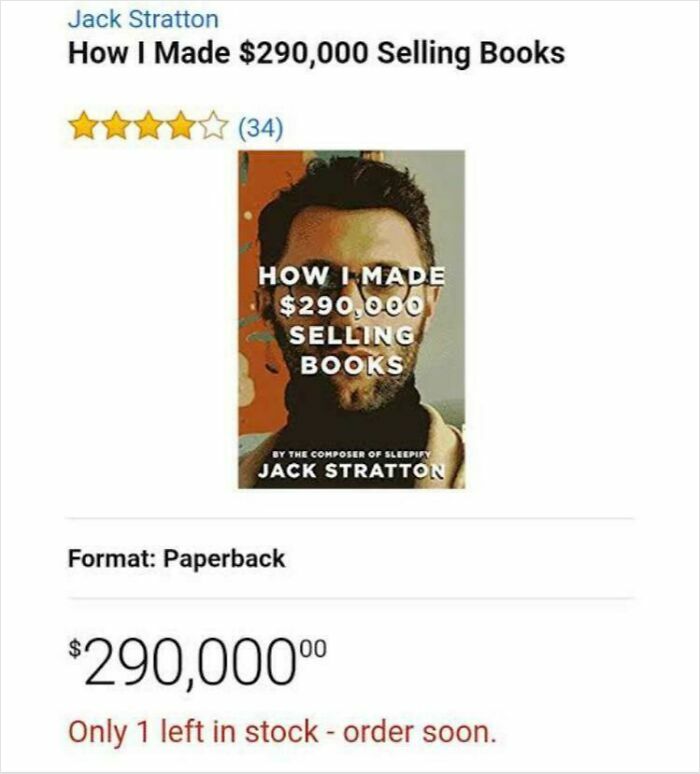 Book titled how I made $290,000 selling books by Jack Stratton displayed in an online paperback sales listing.