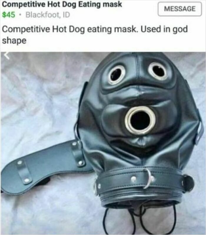 Competitive hot dog eating mask with leather straps, showcased as one of the unhinged things people thought they could sell online.