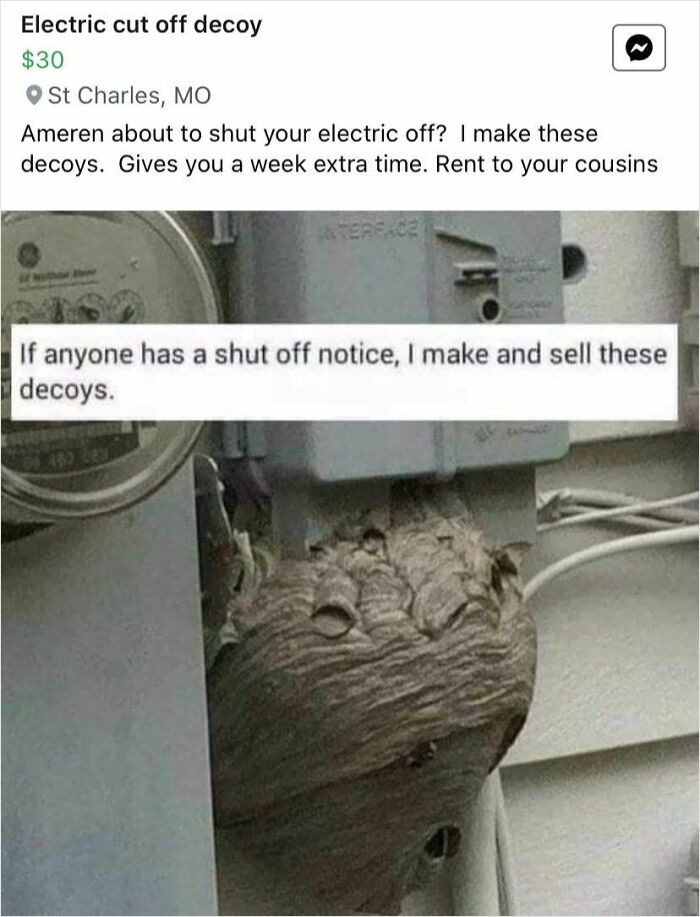 Electric cut off decoy for sale online, designed to prevent utility shut off by misleading notices.