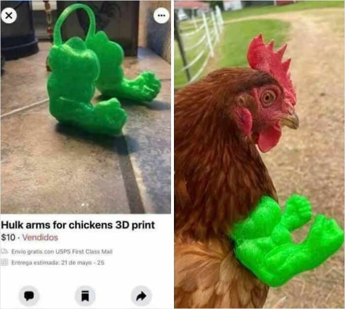 Green 3D printed Hulk arms designed to be sold online as humorous accessories for chickens.