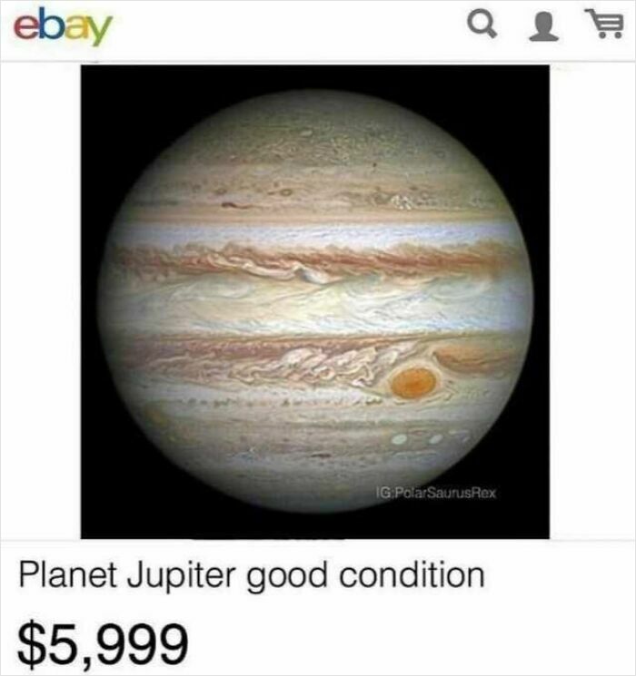 eBay listing showing planet Jupiter for sale at $5,999 as an unhinged thing people thought they could sell online
