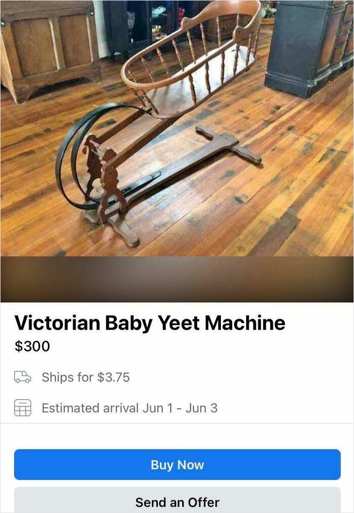 Old wooden Victorian baby cradle listed for sale as an example of unhinged things sold online.