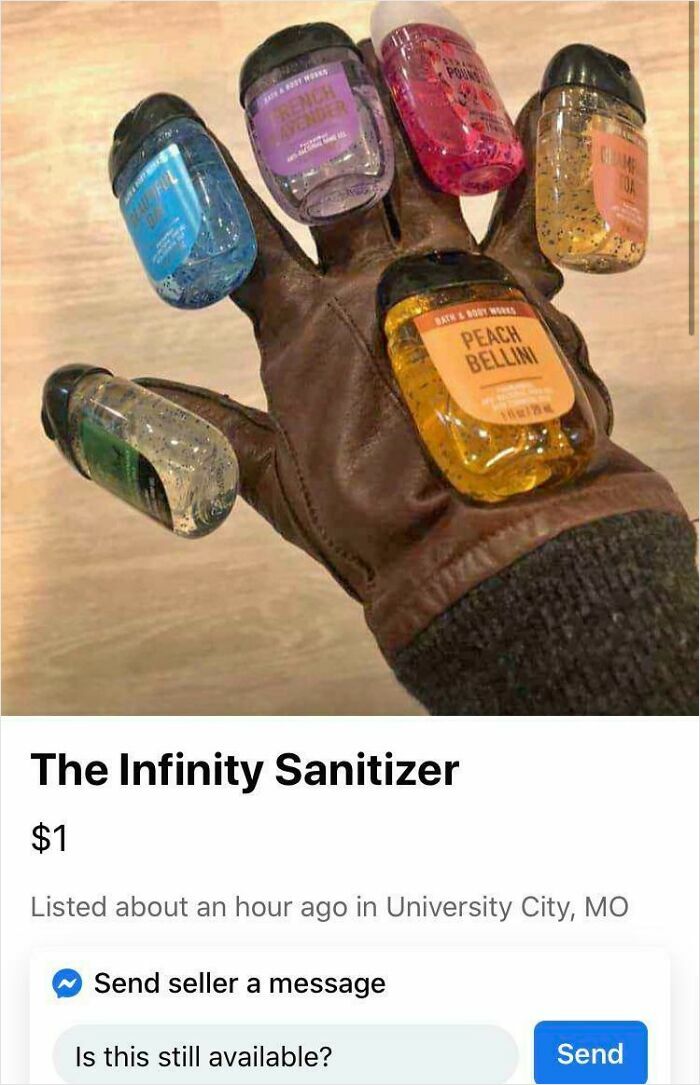 Hand wearing glove with small sanitizer bottles attached to each finger, illustrating unhinged things to sell online.