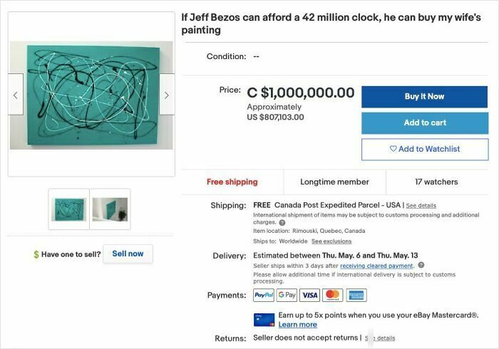 E-commerce listing showing an abstract painting priced at one million dollars in an unhinged things sold online example.