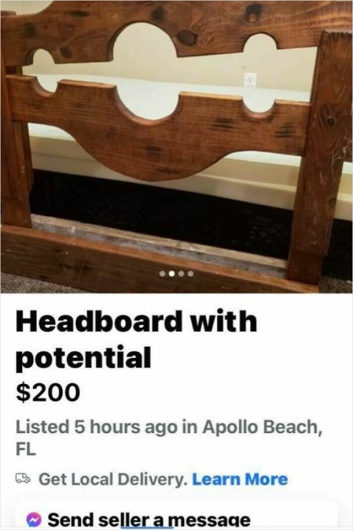 Wooden headboard with carved design listed for sale online as an unhinged thing people thought they could sell.