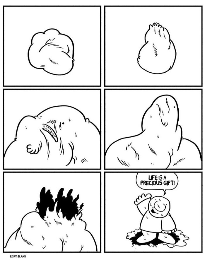 Abstract darkly funny comic panels showing a distorted character melting and ending with a positive life message.