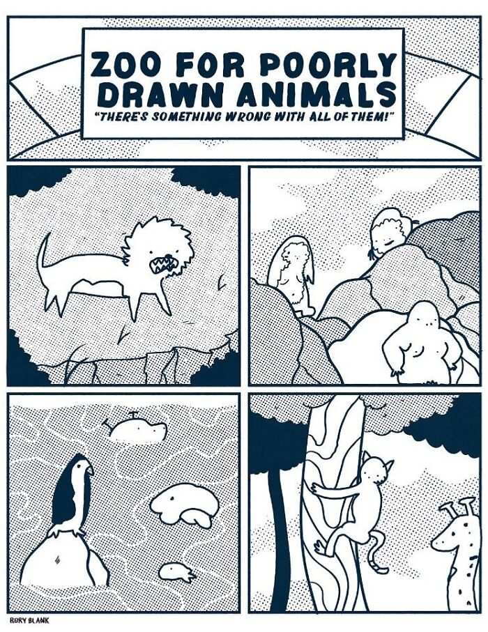 Comic titled Zoo for Poorly Drawn Animals featuring darkly funny illustrations of distorted animals in a surreal outdoor setting.