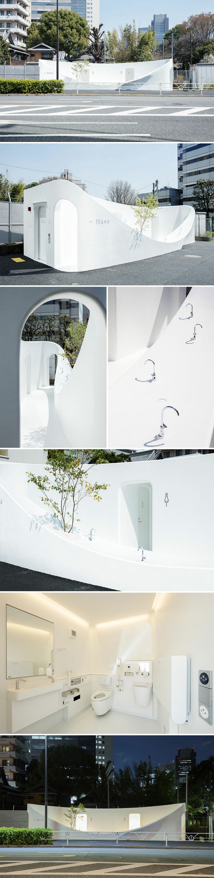 Modern white Tokyo restroom designed by world-famous architects featuring curved walls and minimalist public space elements.