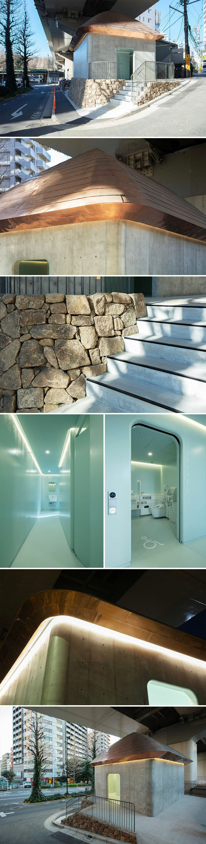 Modern restroom in Tokyo with stone and concrete design by world-famous architects redefining public spaces.
