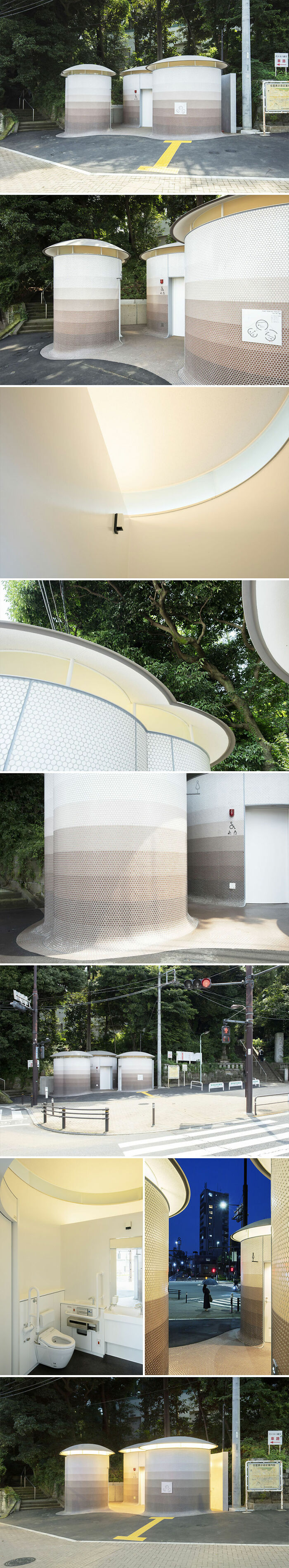 Modern public restrooms in Tokyo by world-famous architects featuring unique cylindrical designs and textured exterior tiles.