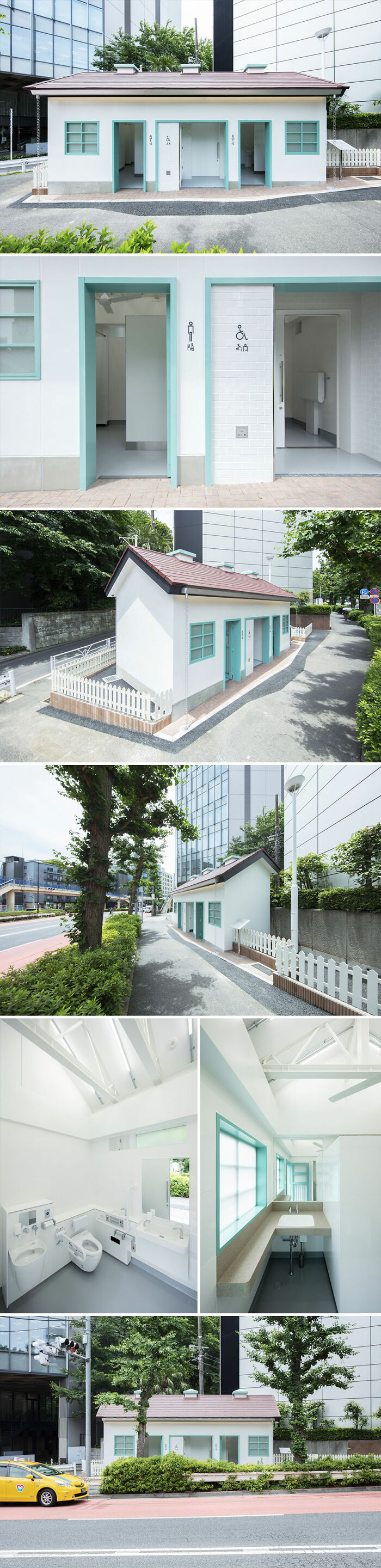 Modern public restroom in Tokyo with minimalist design and accessibility features by world-famous architects.