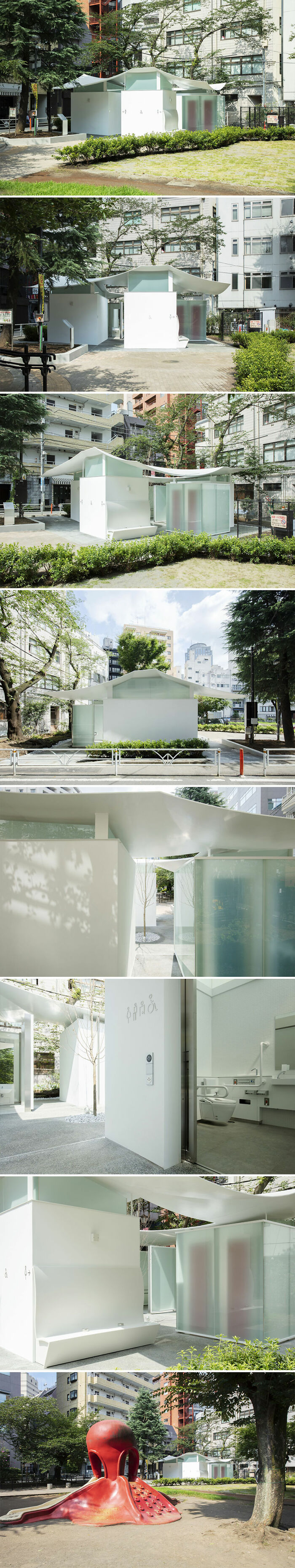 Modern public restroom in Tokyo park designed by world-famous architects redefining public spaces with innovative architecture.