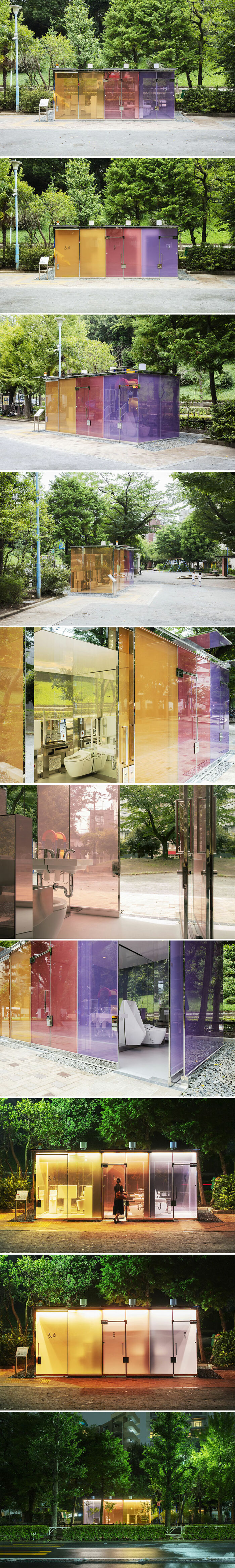 Transparent multicolored public restroom in a Tokyo park designed by world-famous architects, blending modern design and nature.