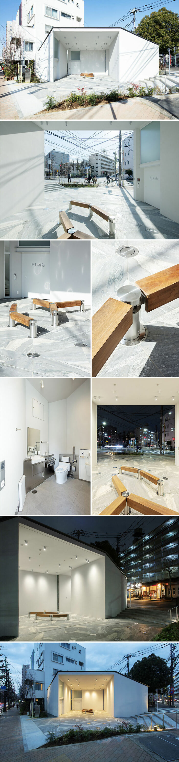 Modern restroom in Tokyo featuring minimalist design and wooden benches by world-famous architects redefining public spaces.
