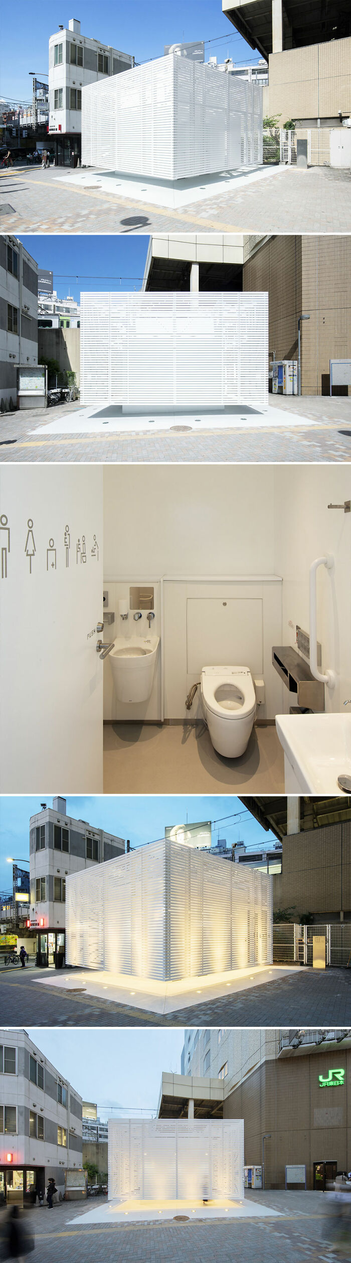 Modern white restroom in Tokyo designed by world-famous architects, showcasing innovative public space architecture day and night.