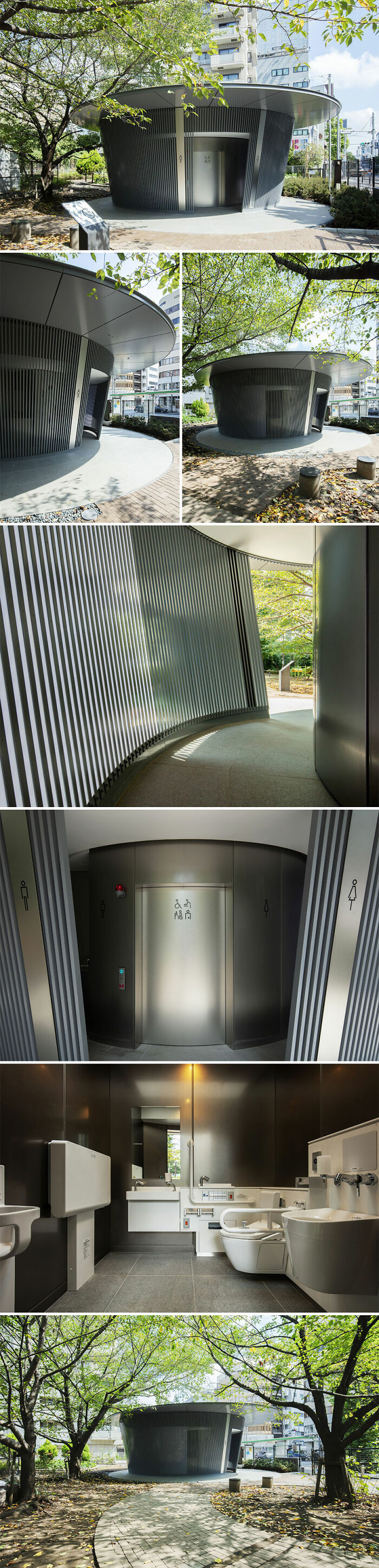Modern cylindrical restroom in Tokyo featuring sleek metal design and accessible facilities by world-famous architects.