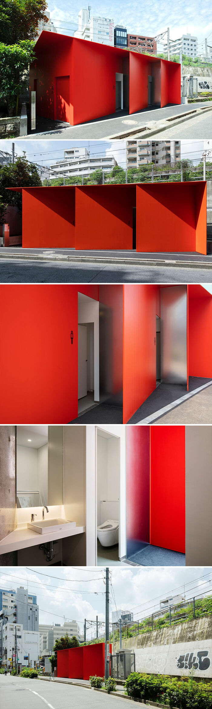 Modern red public restroom in Tokyo designed by world-famous architects showcasing innovative urban architecture and style.
