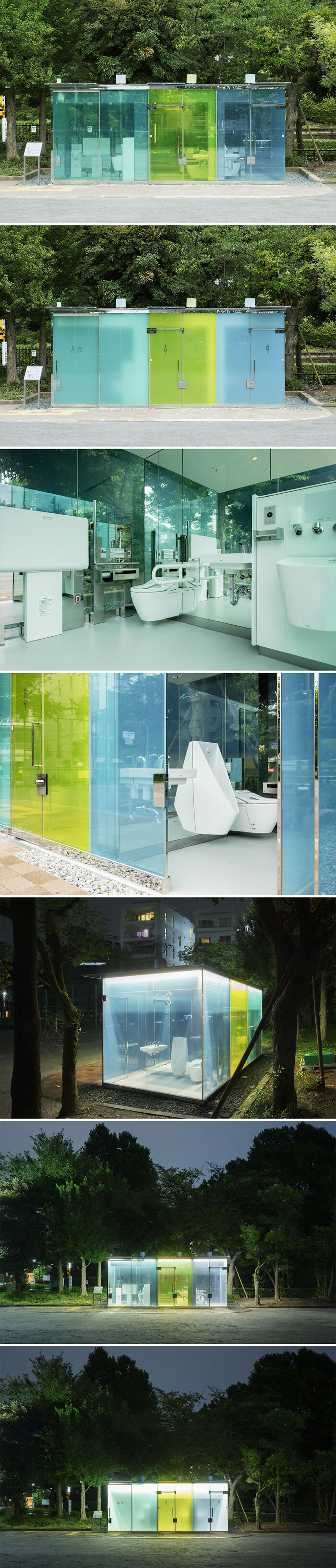 Modern Tokyo public restroom with colorful transparent panels designed by world-famous architects, blending innovation and nature.