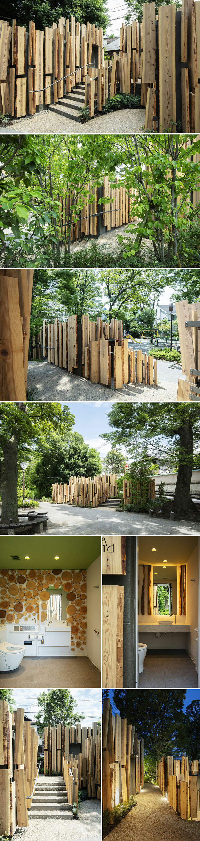 Exterior and interior views of extraordinary restrooms in Tokyo featuring unique wooden architectural design by world-famous architects.
