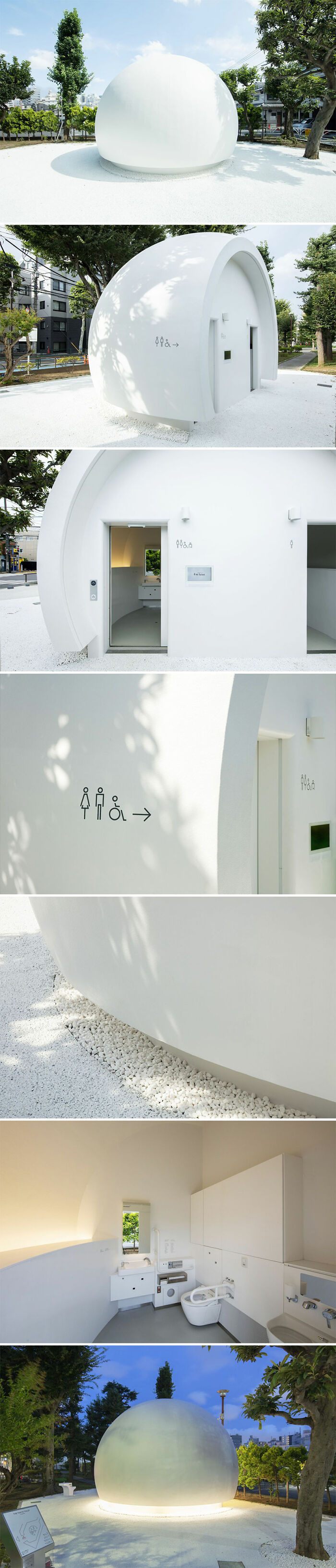 Spherical modern restroom in Tokyo designed by world-famous architects redefining public spaces with sleek white architecture.
