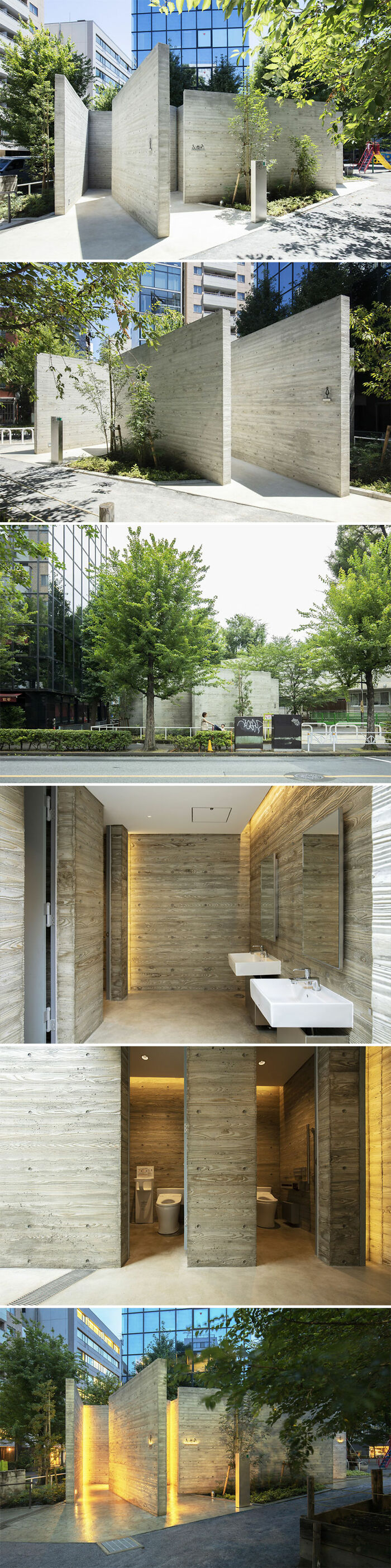 Minimalist public restroom in Tokyo featuring world-famous architects' design with concrete walls and natural surroundings.