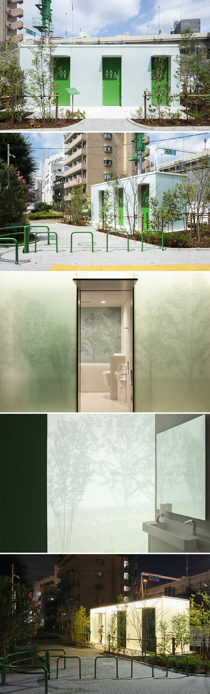 Modern Tokyo restrooms designed by world-famous architects with green doors and nature-inspired privacy glass panels.