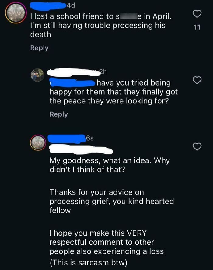 Screenshot of a sarcastic online conversation showing people allergic to acting like sensible adults in the comments.