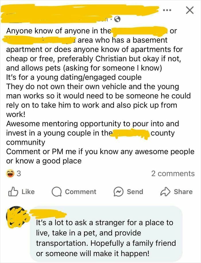 Screenshot of a social media post showing someone asking for a basement apartment and pet-friendly housing.