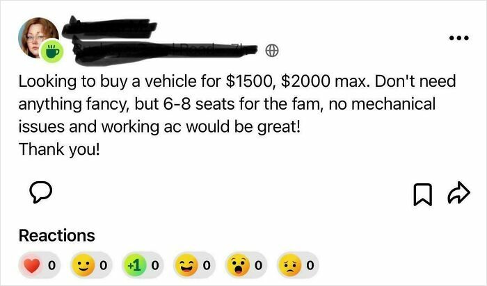 Social media post humorously illustrating people allergic to acting like sensible adults while buying a family vehicle.