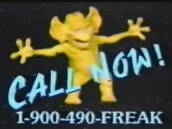 Yellow creepy creature with outstretched arms in a vintage commercial with call now text and a phone number displayed.