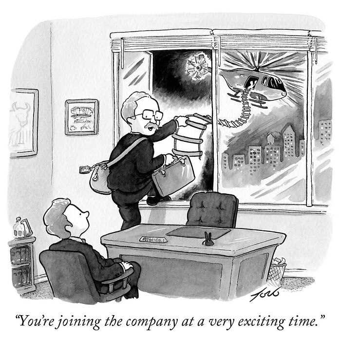 One-panel comic by New Yorker cartoonist Tom Toro showing a man escaping an office via helicopter rope ladder at night.