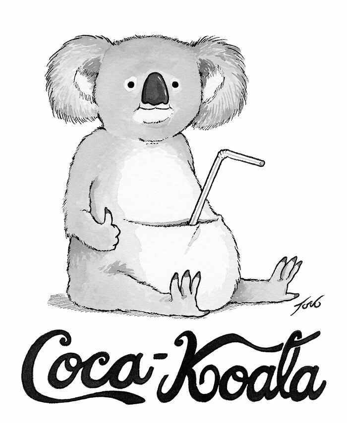 Quirky one-panel comic by New Yorker cartoonist Tom Toro featuring a koala with a coconut drink and Coca-Koala lettering.