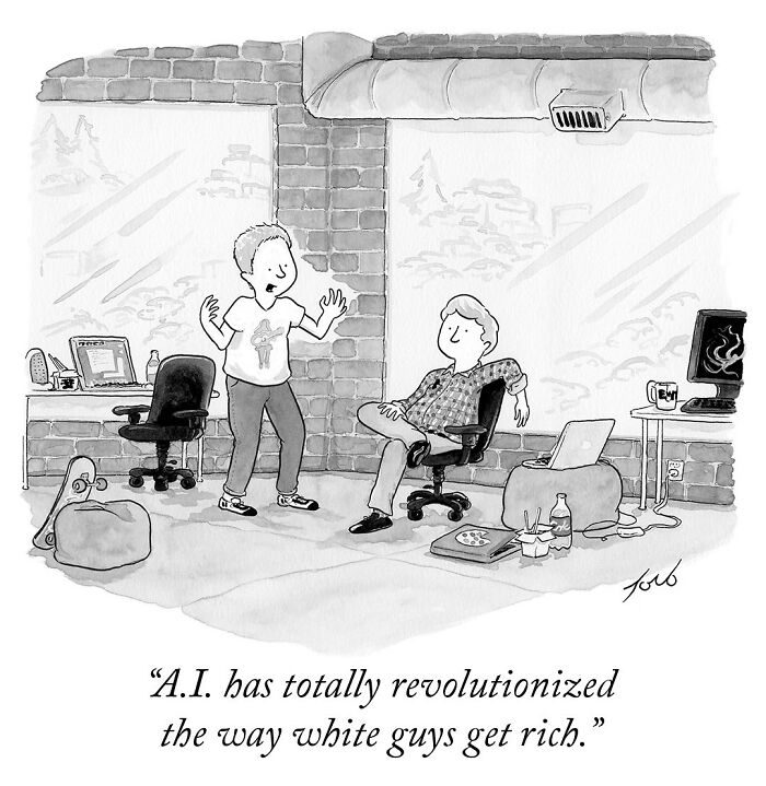 One-panel comic by New Yorker cartoonist Tom Toro showing two men discussing how AI changes wealth.