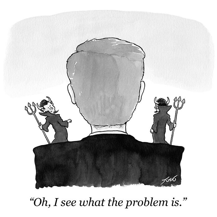 One-panel comic by New Yorker cartoonist Tom Toro showing a man with two tiny devils on his shoulders debating.