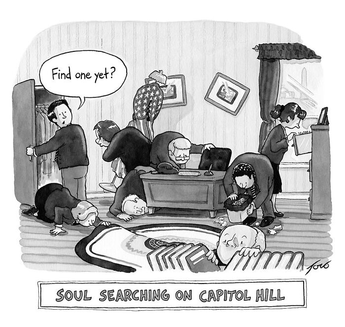 One-panel comic by Tom Toro showing people searching under furniture with the caption soul searching on Capitol Hill.