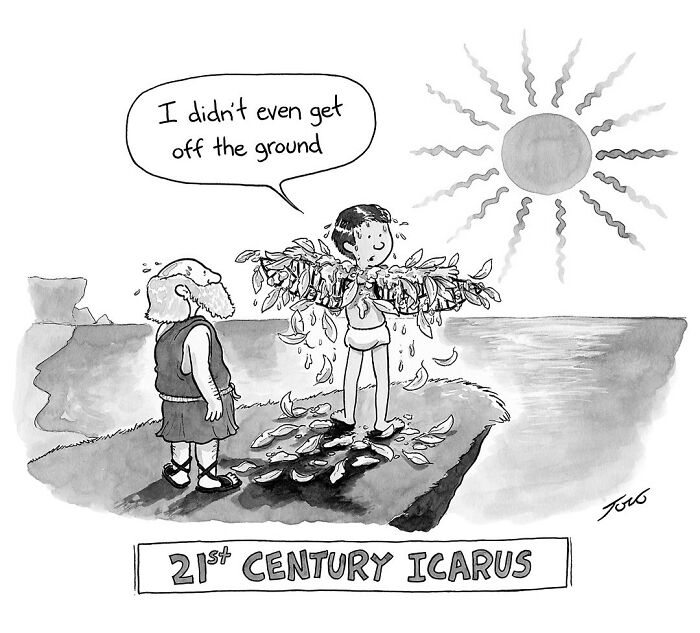 One-panel comic by Tom Toro depicting a modern Icarus with fallen wet wings standing near a cliff edge.