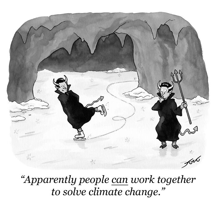 One-panel comic by Tom Toro showing two devils ice skating inside a cave discussing solving climate change.