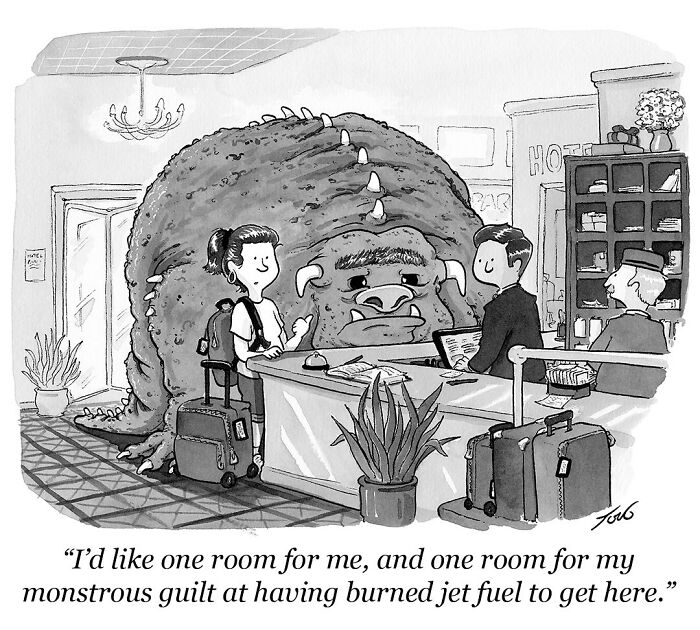 One-panel comic by Tom Toro showing a traveler with a giant guilt monster at a hotel reception desk with suitcases.