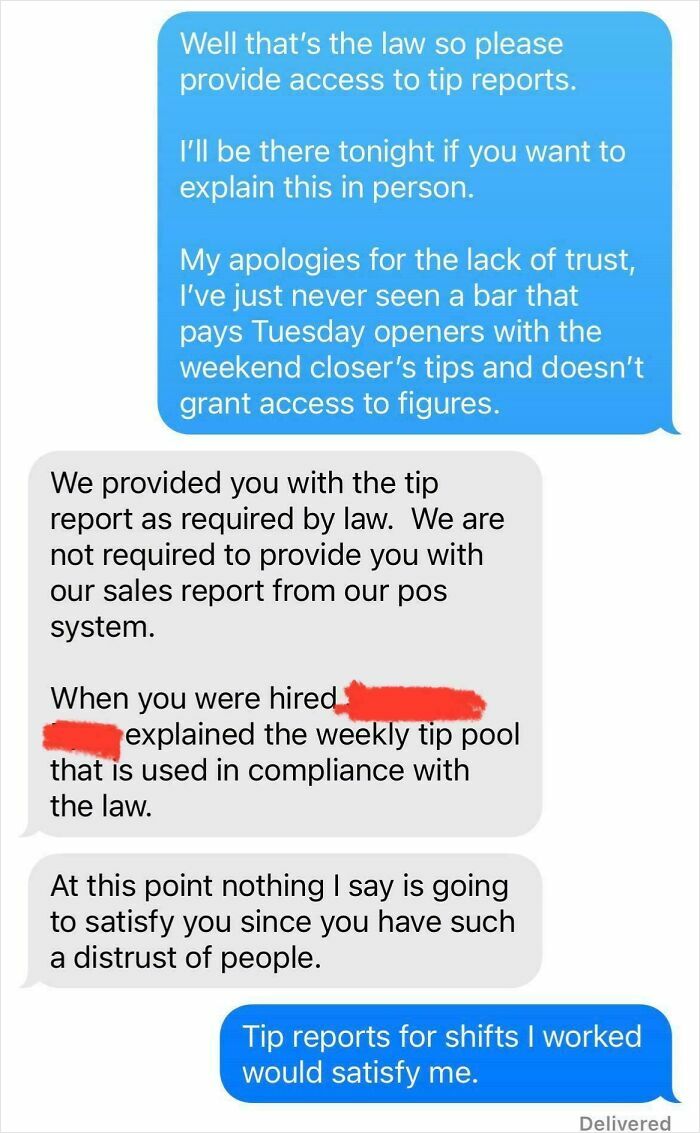 Text message conversation showing a dispute over tip reports and trust issues related to acting like sensible adults.