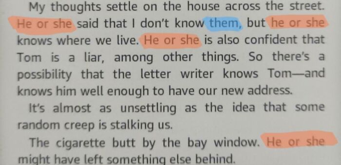 Text highlighting in a book page with phrases like he or she and them, illustrating acting like sensible adults.
