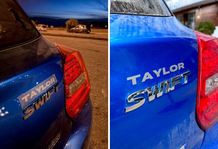 Blue car with a humorous custom bumper sticker modifying the Swift logo to read Taylor Swift on the rear hatch.