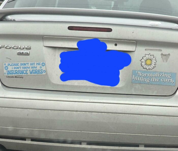 Rear of a silver car with funny bumper stickers about insurance and hitting the curb, spotted by drivers on the road.