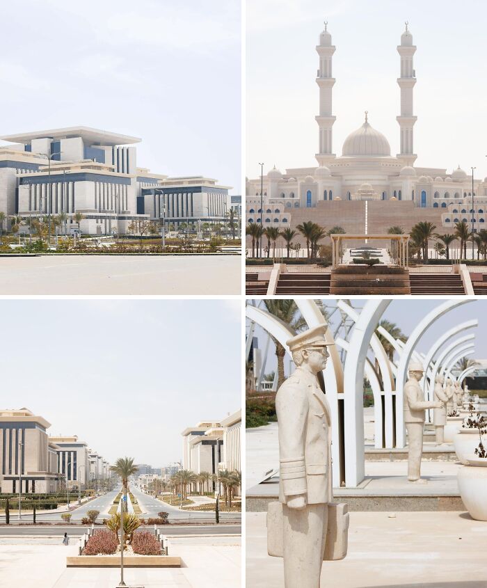 Deserted modern buildings and statues in a $58 billion ghost city showing empty urban hell architecture.