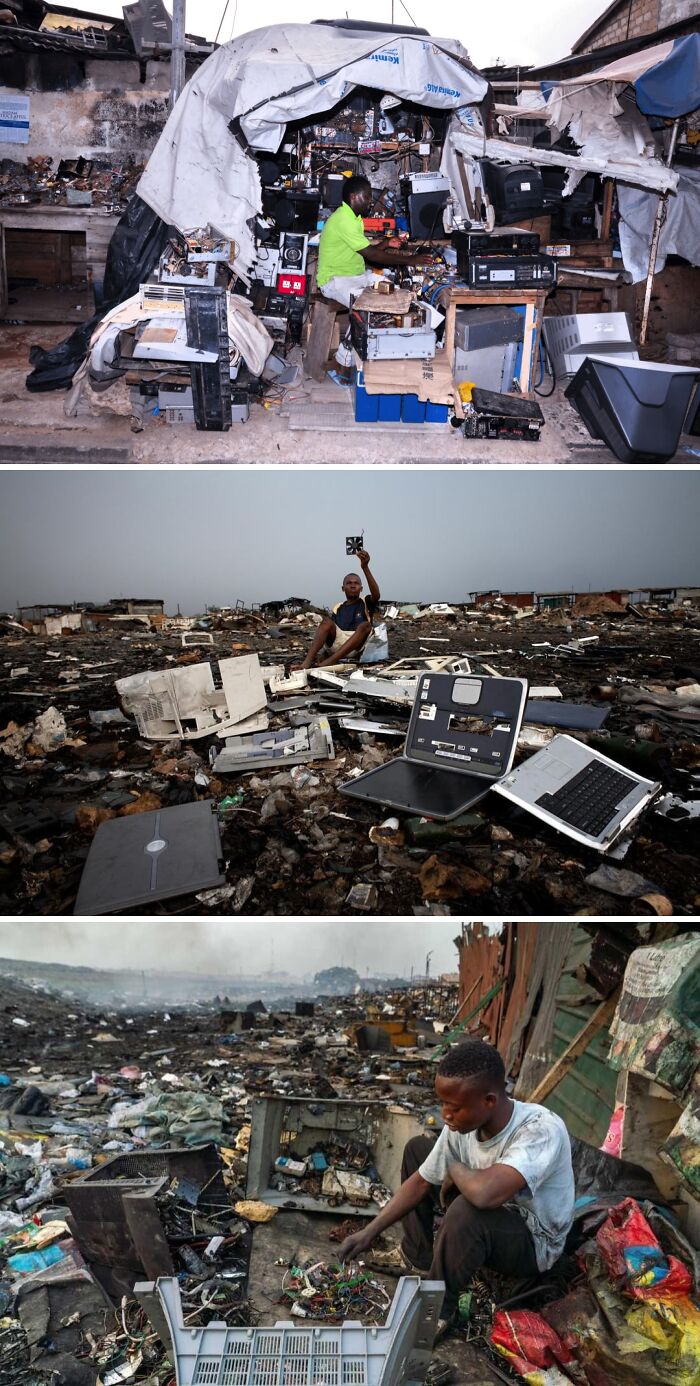 Man working amid electronic waste in a $58 billion ghost city, highlighting the environmental cost of modern life.