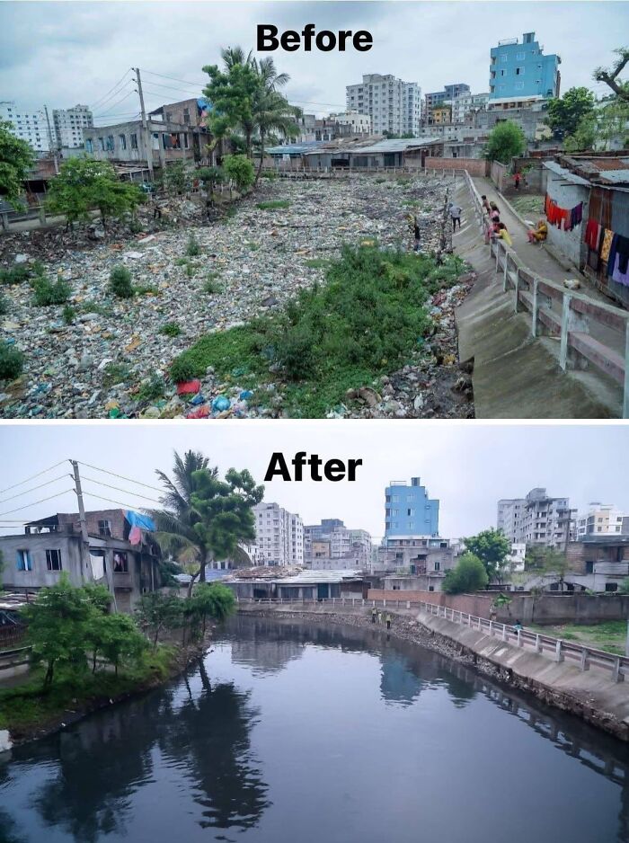 Before and after images of a cleaned urban area in the $58 billion ghost city showing transformation from trash to clear water.