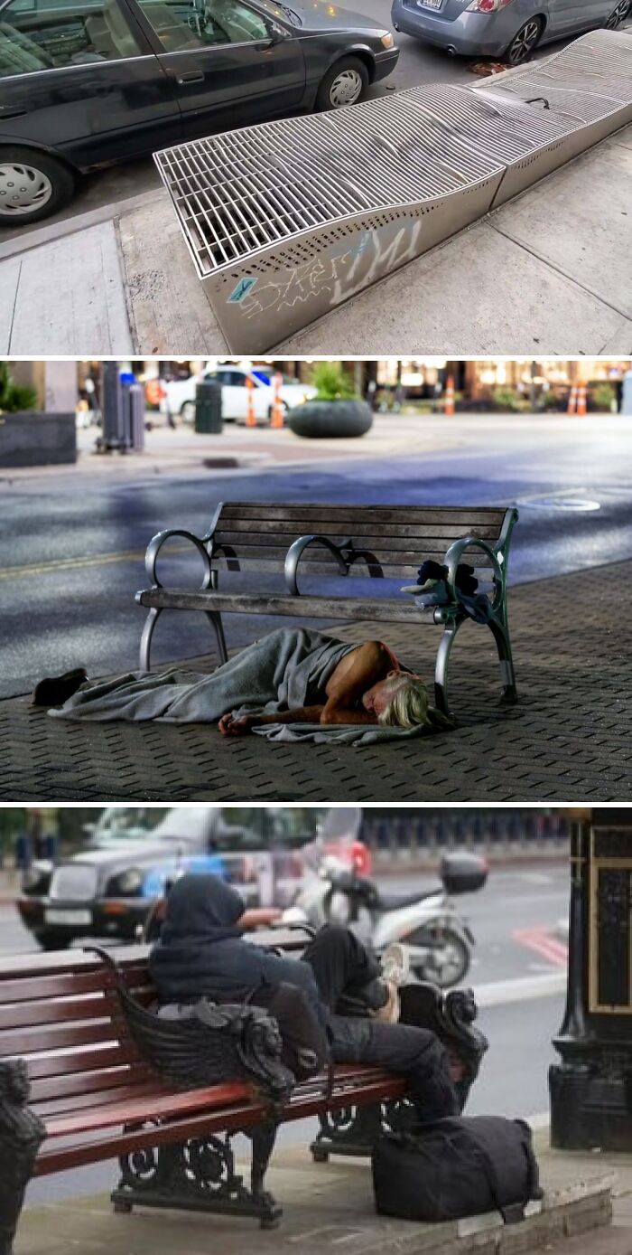 Three urban scenes showing homelessness on benches and a graffitied metal bench in a $58 billion ghost city environment.